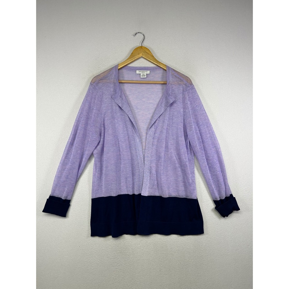 Preppy Classic Liz Claiborne Women PXL Purple Navy Colorblock Open Cardigan